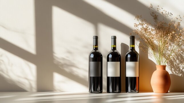 Three elegant wine bottles are arranged next to a terracotta vase with dried flowers, creating a visually appealing still life that embodies sophistication and aesthetic beauty.