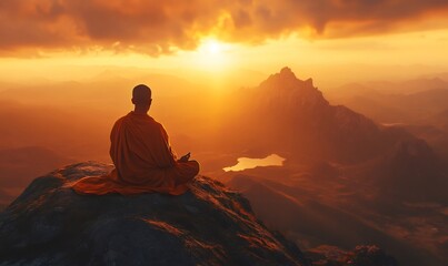 Obraz premium Buddhist monk meditating on a mountain top at sunset, finding inner peace and enlightenment amidst a breathtaking landscape