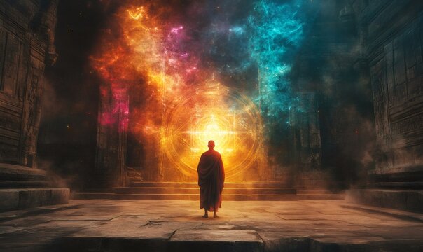 Buddhist monk meditating in front of a glowing portal in an ancient temple, exploring themes of spirituality, enlightenment, and the unknown
