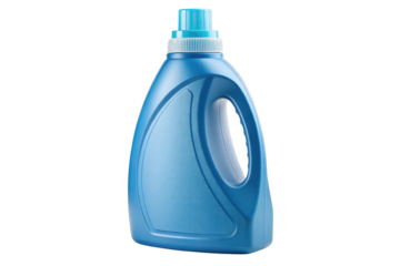 Blue plastic laundry detergent bottle with a blue cap isolated on transparent background