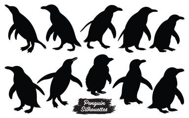 Collection of various penguin poses and styles silhouette