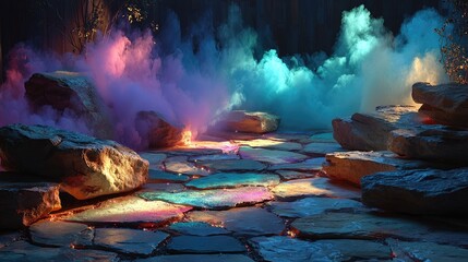 Illuminated Stone Path with Colorful Haze and Glowing Rocks