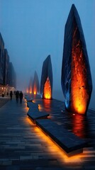 Illuminated Stone Sculptures in City Mist at Night