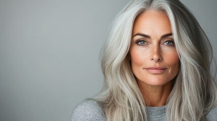 A graceful woman with long, beautiful silver hair poses against a simple gray background, capturing timeless beauty and elegance, ideal for fashion or portrait photography.