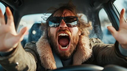 A man expresses intense frustration while driving, showcasing raw emotions and stress, with an impactful moment captured through his facial expression and body language.