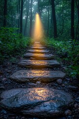 Illuminated Stone Steps in a Foggy Forest