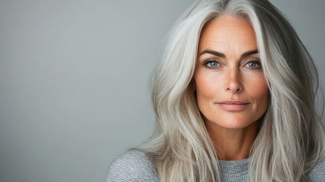 A graceful woman with long, beautiful silver hair poses against a simple gray background, capturing timeless beauty and elegance, ideal for fashion or portrait photography.