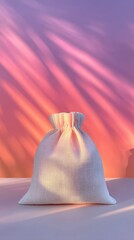 Illuminated White Muslin Bag on Soft Pink and Orange Background