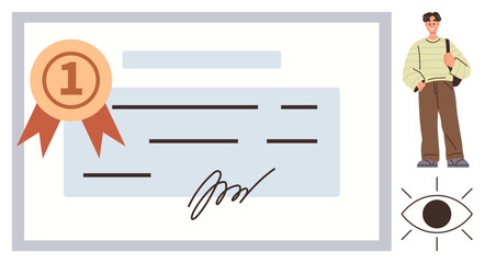 Certificate featuring first prize ribbon, signature, young man in casual outfit with backpack, and an eye icon. Ideal for achievement, education, recognition, success, certification motivation or