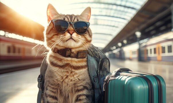 Cat wearing sunglasses and backpack is waiting for train at station, embodying the spirit of travel and adventure