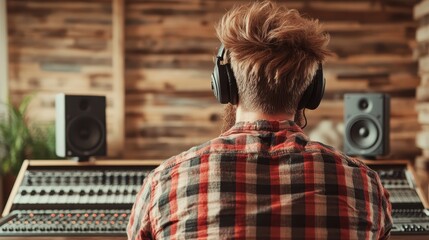 Fototapeta premium A focused young man wearing headphones is immersed in a home music studio, using a soundboard to mix tracks amidst a warm, wooden backdrop, highlighting creativity in music production.
