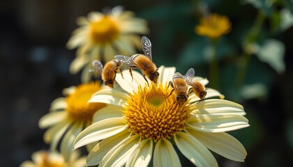 Honeybees gathering nectar on a vibrant yellow flower in a sunlit natural environment.