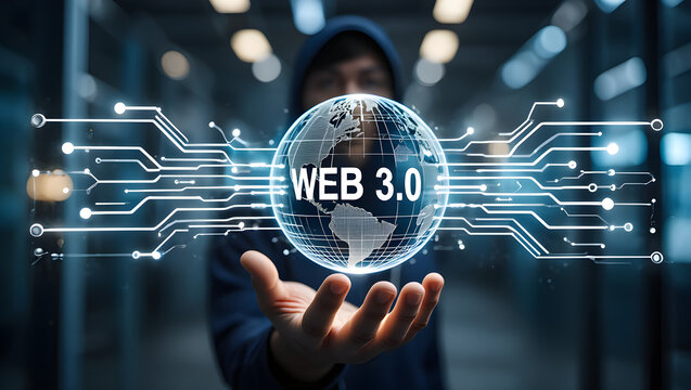 Person holding a glowing globe with web 3 0 text and digital circuits