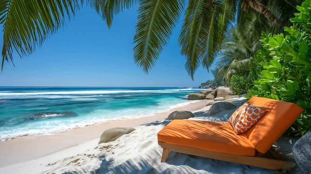 Bright orange sun lounger on a secluded tropical shore, surrounded by seashells and palm shadows, golden sun casting soft glow