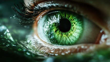 A striking close-up of an intensely green eye, showcasing intricate details and lush colors, capturing the essence of beauty and the depth of human emotions in stunning clarity.