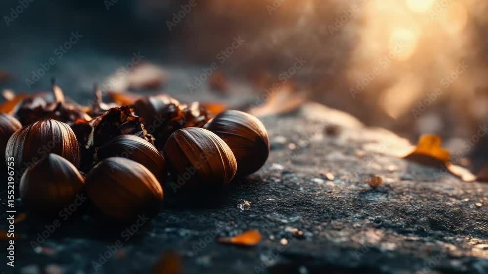 Poster a collection of various nuts arranged on a table, perfect for use in illustrations or photography ab