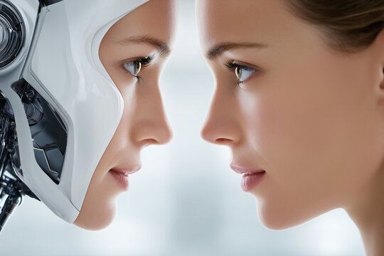 Human face and Robot face side by side. The contrast and the relationship between humanity and artificial intelligence