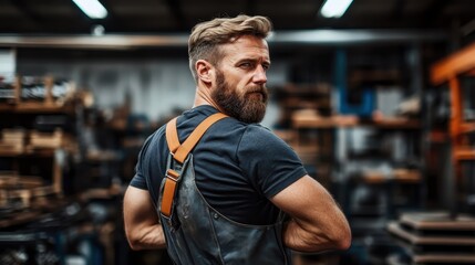 Obraz premium A ruggedly handsome man in a workshop showcases his strength and skill, exuding confidence as he stands against a backdrop of tools and materials, emblematic of craftsmanship.
