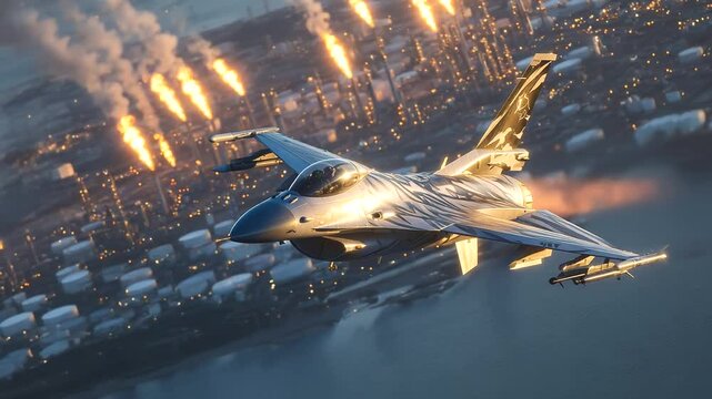 F- jet banking over a coastal refinery with flames shooting from flare stacks, casting dramatic shadows on the ground