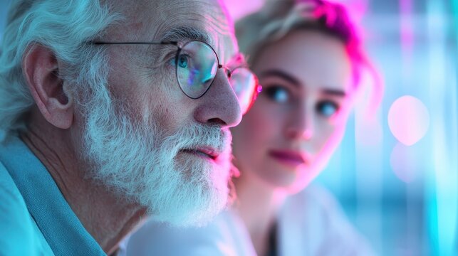 A thoughtful moment shared between a senior man and a young woman, highlighting generational wisdom and connection within a contemporary, softly lit environment.
