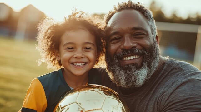 A heartwarming scene featuring a beaming grandfather and his cheerful granddaughter, both holding a shiny golden soccer ball in a sunny outdoor setting. - Powered by Adobe