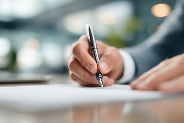 A close-up of a hand writing with a pen on white paper.