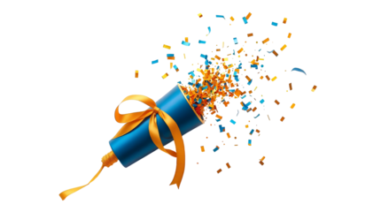 Photo of blue party popper with golden ribbon isolated on transparent background