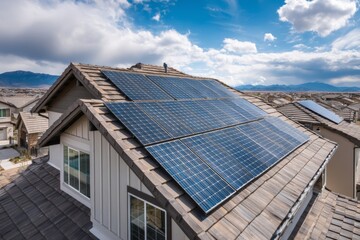 Fototapeta premium Solar panels installed on a residential home roof under a bright blue sky.