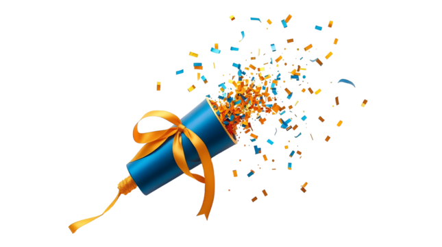 Photo of blue party popper with golden ribbon isolated on transparent background