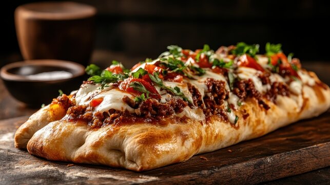 A mouthwatering burrito filled with rich flavors and ingredients, beautifully garnished with fresh vegetables and herbs, showcasing the essence of delightful culinary artistry.