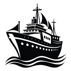 Black Stylized Cruise Ship Illustration on Water with Three Waves Showing Sea
