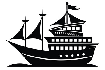 Black and White Silhouette of a Detailed Sailing Ship with Three Masts
