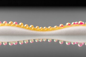 Iridescent Gold Beads on Glittering Surface with Reflections