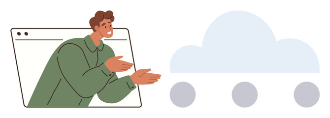 Man emerging from a browser window gestures toward a cloud icon symbolizing cloud computing. Ideal for technology, online collaboration, virtual communication, data sharing, innovation, remote work