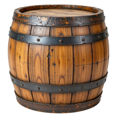 Obraz premium Rustic wooden barrel with metal bands, antique design for home decor, kitchen accessory, or storage use
