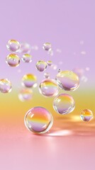 Iridescent Soap Bubbles Floating on Pastel Gradient Background