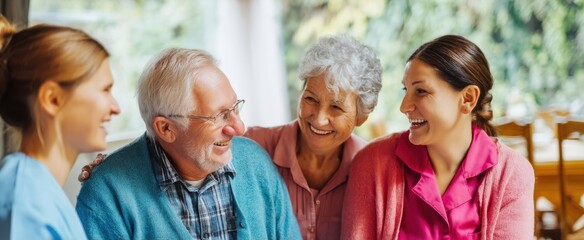 The elderly man shares joyful moments with family and caregivers in warm gathering.