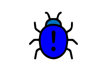 The image depicts a stylized bug icon with six legs and two antennae. The body of the bug is blue and prominently features a black exclamation mark, symbolizing a software error, vulnerability