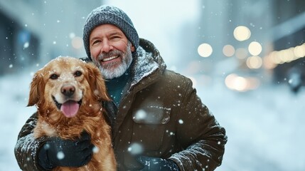 A cheerful bearded man hugs his golden retriever against a snowy city backdrop, embodying warmth and companionship during a cold winter day, creating a joyful scene.