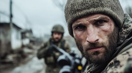 Fototapeta premium A soldier in camouflage gear, with a serious and focused expression, highlights the themes of bravery, vigilance, and the intense emotions faced in wartime missions and training.