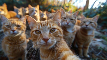 Fototapeta premium This striking image showcases a playful group of ginger cats, featuring close-up profiles that capture their curious expressions and vibrant colors in a natural setting.