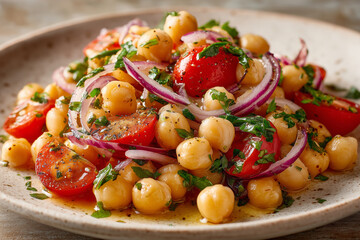Fresh chickpea salad with vibrant tomatoes and herbs on a white plate