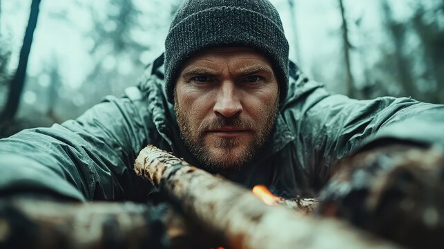 A determined hunter is seen closely tending to a campfire, surrounded by a misty forest atmosphere, capturing the essence of outdoor survival and resilience in nature. - Powered by Adobe