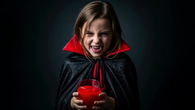 Young girl dressed as a vampire holding a red drink, showing fangs at Halloween party footage.