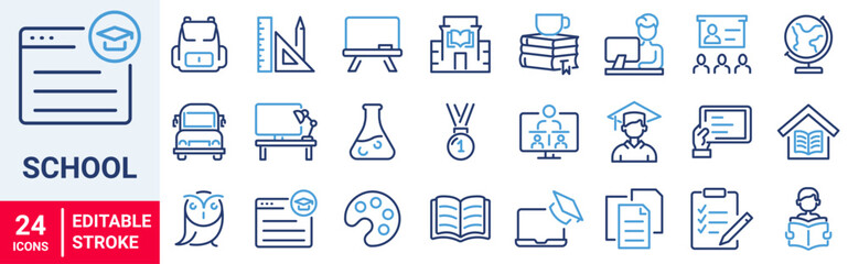 Back to school. Blue icons. Education and e learning. School, university, success, academic, textbook. Vector illustration. Outline icon. Editable stroke.