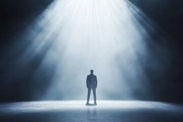A man stands in the middle of a stage, illuminated by a spotlight