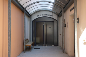 salle de ceremonie sign french text front facade entrance means ceremony room mortician undertaker