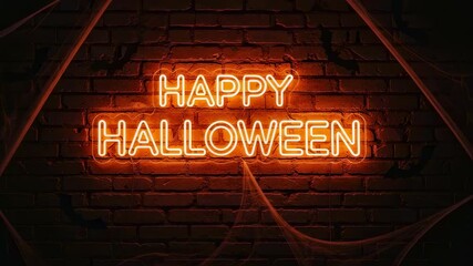 Flashing happy Halloween neon sign on a brick wall with spiderwebs and bats, holiday celebration footage. - Powered by Adobe
