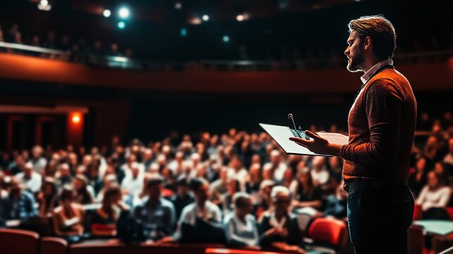 Cinematic view of a presenter speaking on stage at a crowded symposium, symbolizing leadership, public speaking, and professional influence.