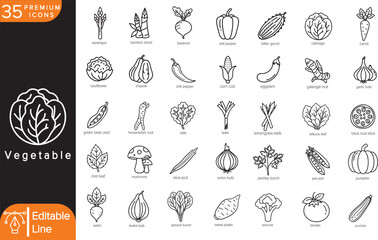 35 Vector Icons of Vegetables &ndash; Minimal Line Art of Leafy Greens, Root Vegetables, Herbs, and Exotic Veggies for Healthy Food UI, Infographics, Menu Design, Stickers, and Stock Vector Us